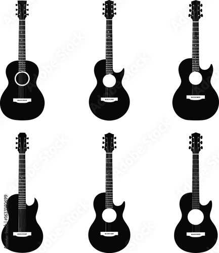 Six Black Acoustic Guitar Silhouettes on White Background musical instrument music