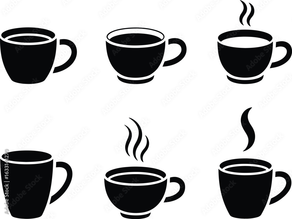 Obraz premium Six Black Silhouette Coffee Cups With Steam Icons drink