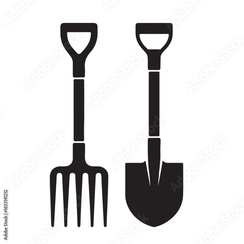 Black Silhouette Garden Fork And Spade tools shovel