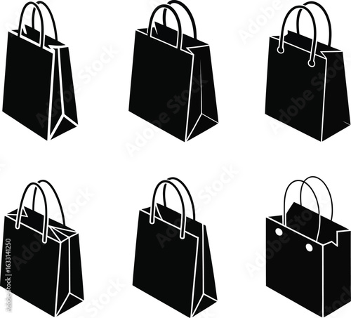Six Black Shopping Bags in Different Perspectives on White retail commerce