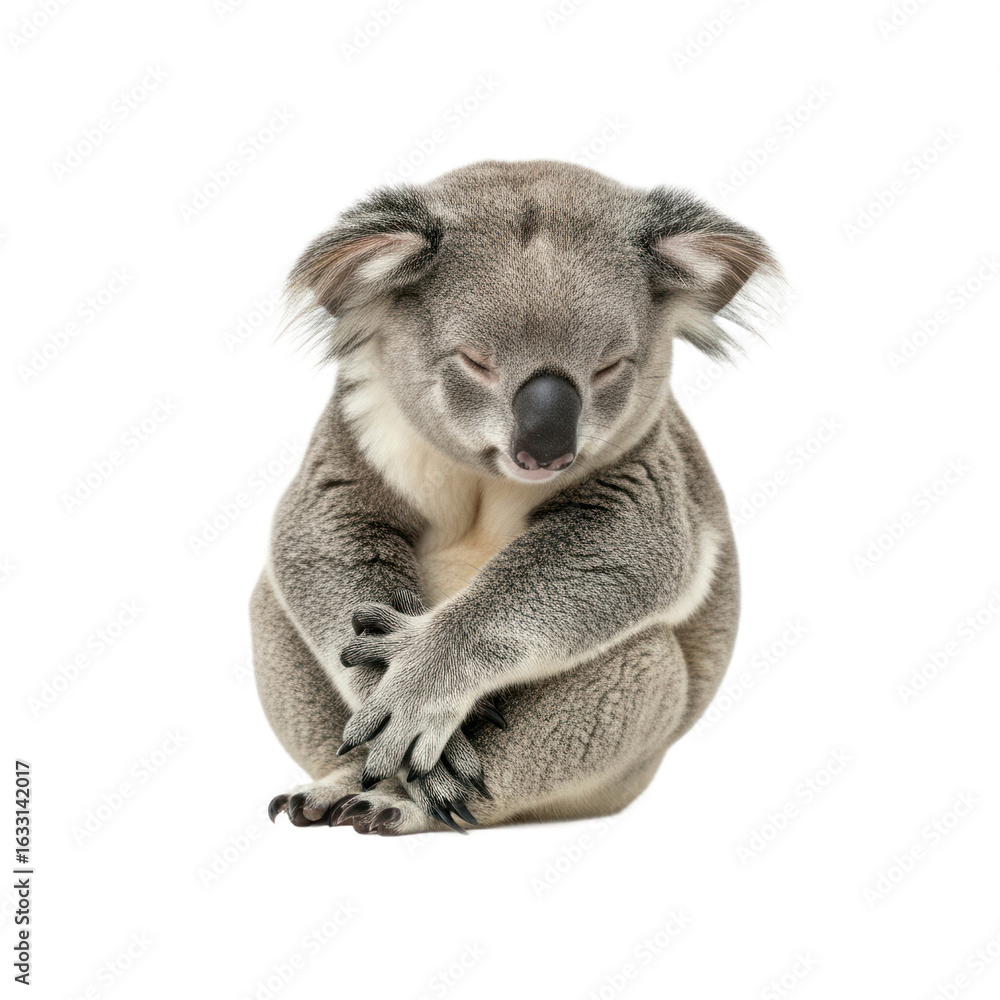 Obraz premium A peaceful koala sits with its eyes closed and paws clasped, isolated on a white background.