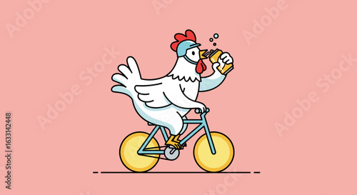Chicken cyclist drinking soda on pink background, cartoon illustration, active lifestyle, funny animal 