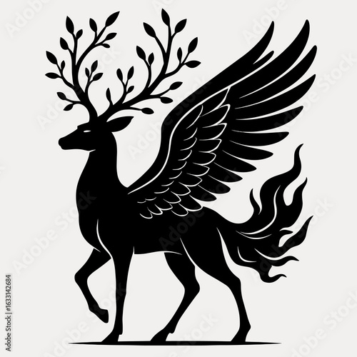 Mythical Deer Creature with Wings and Antlers in Silhouette, Elegant Design for Fantasy Art