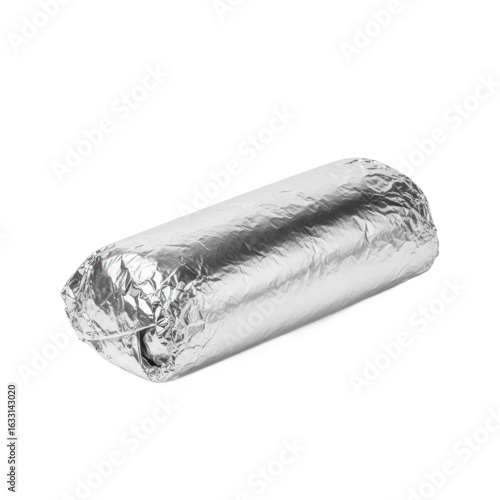 A classic burrito tightly wrapped in shiny, crinkled aluminum foil, isolated on a white background.