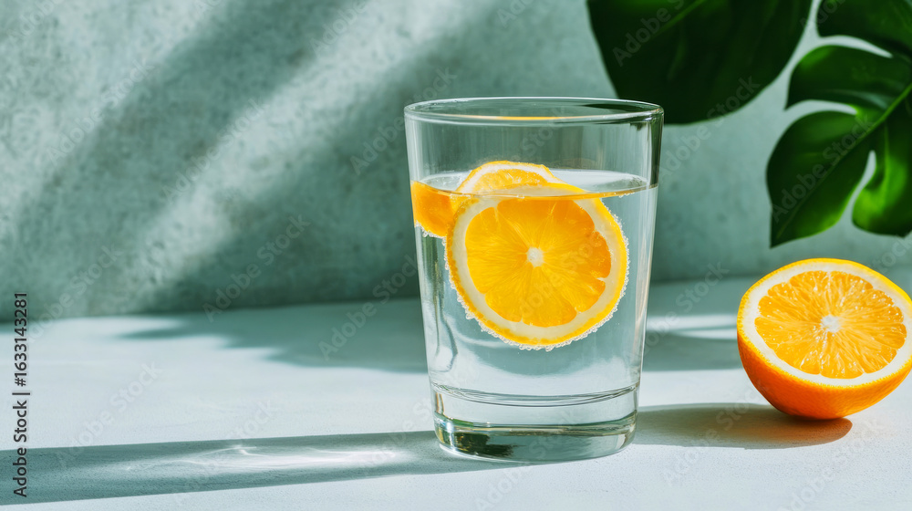 Fototapeta premium Refreshing Glass of Water with Fresh Orange Slices and Tropical Leaf in Bright Light