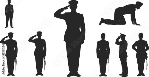 Military officer silhouette, army soldier saluting vector, formal uniform pose clipart, standing and kneeling position, black flat design image