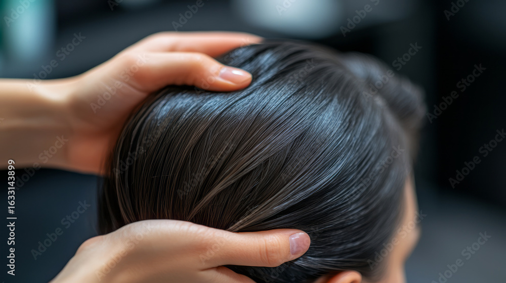 Naklejka premium Close-Up of Hands Massaging Smooth Hair in a Modern Salon Setting with Blurred Background