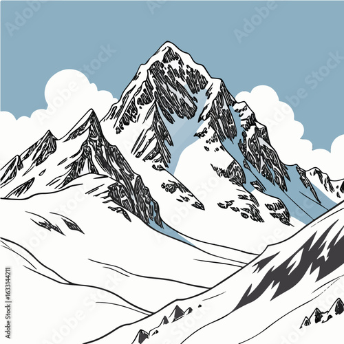 Snow Covered Mountain Peaks – Winter Alpine Landscape Illustration