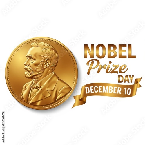 Nobel prize day with gold medal and date on white background