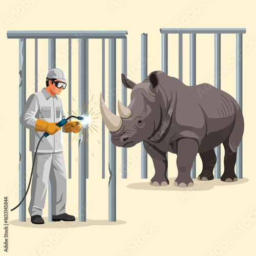 Welder Repairing Rhino Enclosure at Zoo with Welding Machine