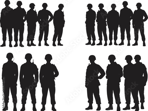 Silhouettes of military soldiers in standing pose, flat vector illustration, team formation, group of army troops, combat readiness, patrol unit