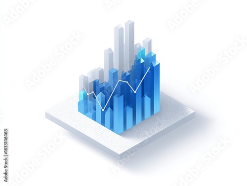 Isometric graphic of a complex bar graph, in shades of blue and white, on a white grid