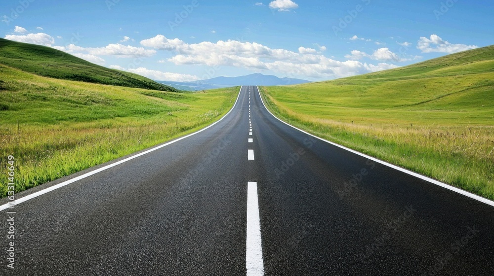 Fototapeta premium A straight, empty road stretching into the distance with green fields on either side and a clear blue sky above.