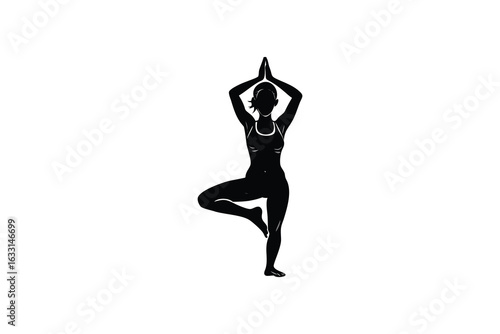 A graceful female figure in a yoga tree pose embodying balance and serenity presented as a striking black silhouette against a clean white background highlighting the form and movement silhouette