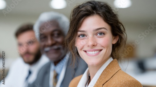 Diverse team smiling in office setting featuring a young woman in foreground and two men in background