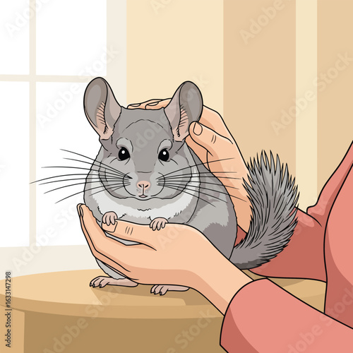 Holding Cute Gray Chinchilla Pet in Hands Indoors Lovingly