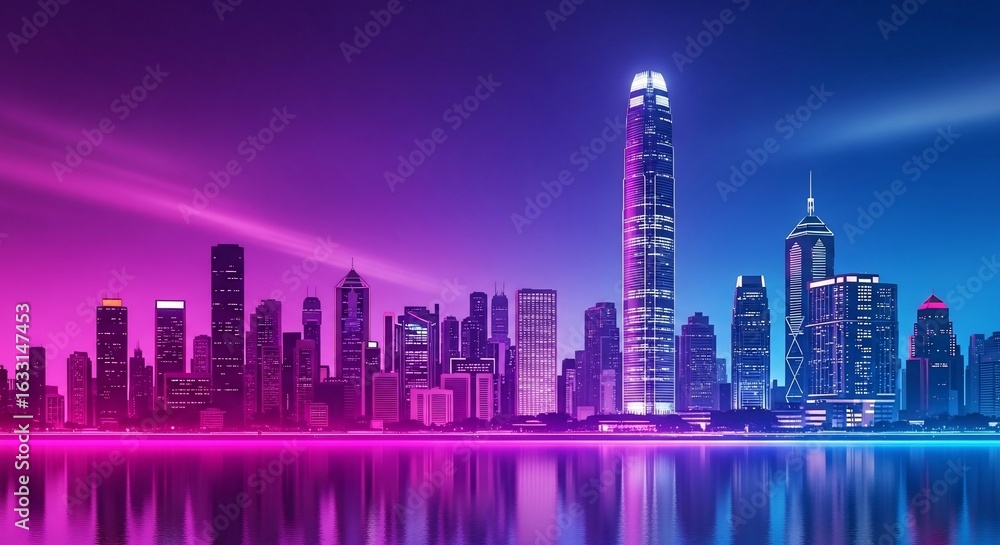 Fototapeta premium A vibrant neon-lit cityscape at night, with towering skyscrapers reflecting in the calm water below, bathed in a gradient of pink and blue light.