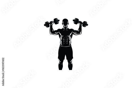 Muscular man with defined abs performing dumbbell shoulder press exercise in a striking black silhouette against a clean white background representing fitness and strength training silhouette