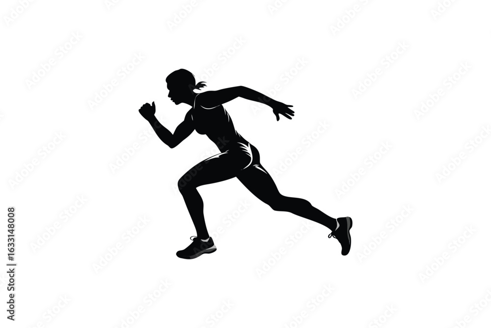 Fototapeta premium Dynamic silhouette of a female sprinter in full stride showcasing athletic power and speed against a clean white background captured in a striking silhouette style
