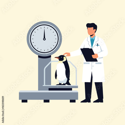 Weighing Penguin Doctor Examining Bird on Scale at Veterinary Clinic