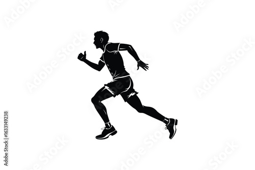 Dynamic athletic runner in motion captured as a striking black silhouette against a clean white background conveying speed and determination silhouette
