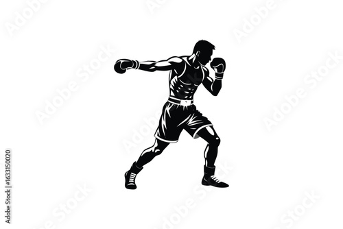 Dynamic silhouette of a male boxer throwing a powerful punch during a fierce fight showcasing athletic prowess and combat readiness in a striking black and white illustration silhouette