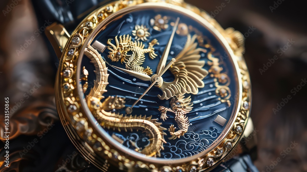 Obraz premium A close up of a golden watch with dragons and an eagle on the face and a dark blue background