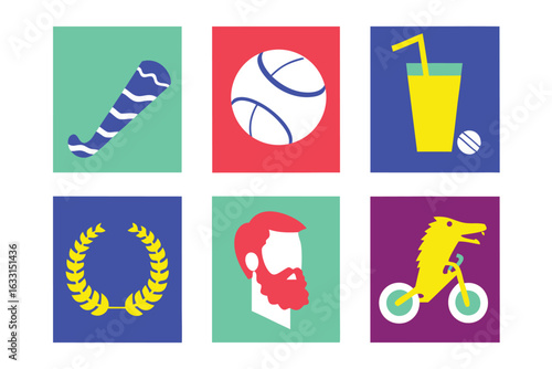Baseball bat drink laurel wreath man wolf on bicycle icons set of