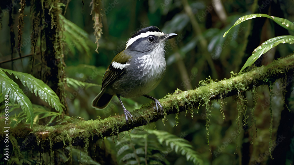 Fototapeta premium A White-plumed Antbird perches alertly on a moss-covered branch deep in the Amazon rainforest.