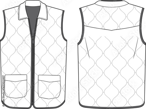 Quilted vest technical drawing, front and back view, diamond pattern, zipper closure, flap pockets, yoke detail, darts, collar, fashion sketch, garment design, sewing template.