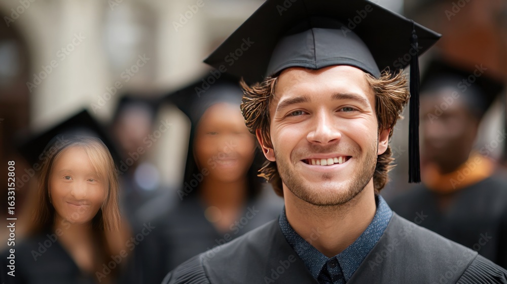 Fototapeta premium Happy graduate poses, surrounded by peers in caps & gowns, out of focus