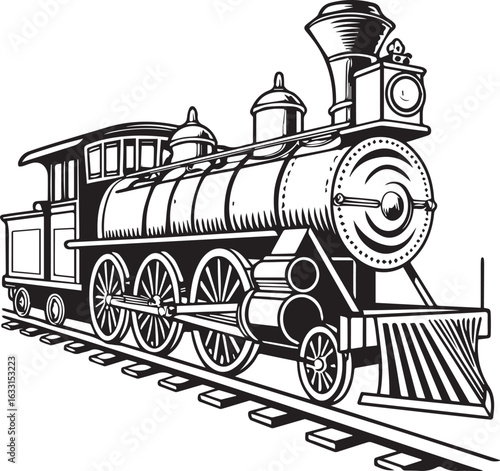 Vintage Etching-Style Vector of an Old-Fashioned Steam Locomotive in Black and White