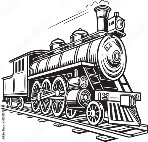 Vintage Etching-Style Vector of an Old-Fashioned Steam Locomotive in Black and White