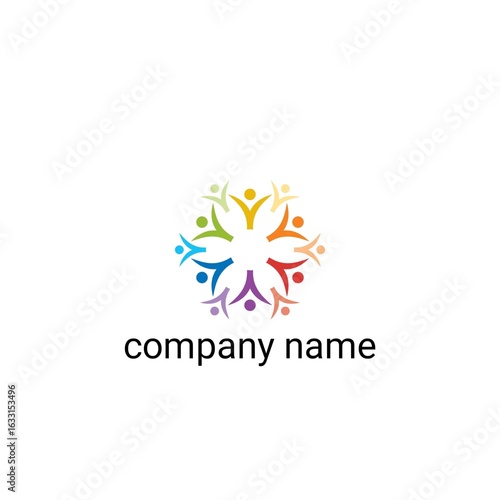 This logo features a circular symbol consisting of eight human figures connected to each other, forming a symmetrical pattern like a flower or a wheel