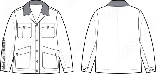 Jacket technical drawing, front and back view, button closure, contrasting collar, flap pockets, buttoned cuffs, garment construction, fashion illustration, sewing template, pattern making.