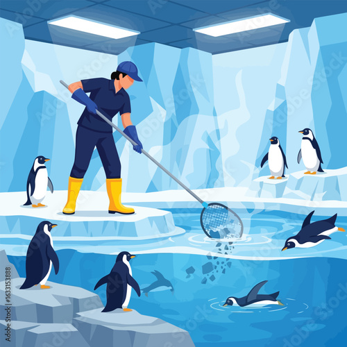 Worker Cleaning Penguin Enclosure with Net Surrounded by Penguins