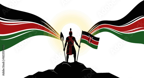 Symbolic Representation of Kenyan Spirit and National Pride with Traditional Warrior Figure and Flowing Flag Design