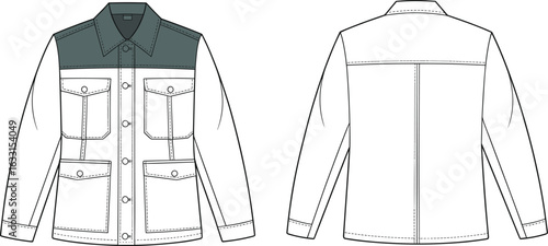Jacket technical drawing, front and back view, button closure, collar, flap pockets, dark yoke detail, garment construction, fashion illustration, sewing template, pattern making.