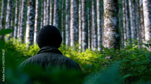 Wallpaper Mural Person wearing beanie and jacket looking into a dense forest with green undergrowth Torontodigital.ca