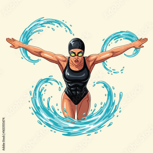Swimmer Performing Butterfly Stroke with Water Splash Illustration Art