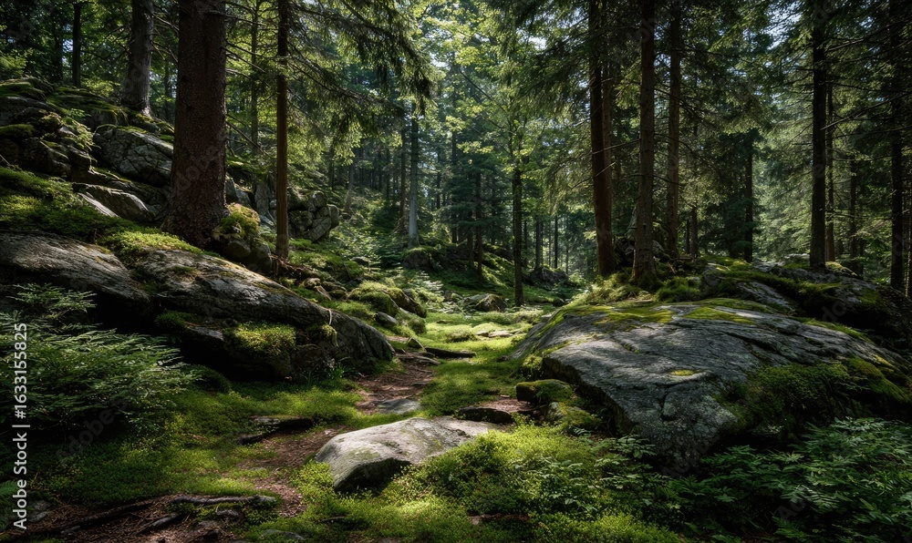 Obraz premium Sunlit forest path with mossy rocks