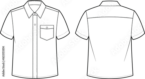 Short sleeve shirt technical drawing, front and back view, button-up design, collar, chest pocket, stitching details, fashion illustration, garment construction, sewing template, pattern making.