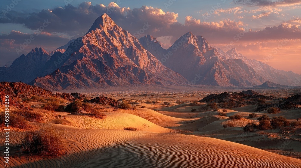 Fototapeta premium Dramatic desert mountain range at golden hour