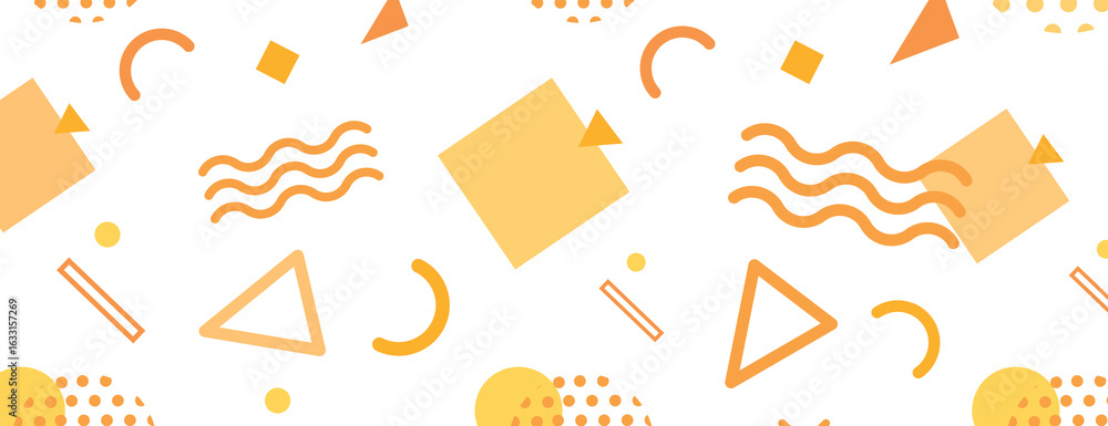 Abstract geometric background with orange shapes on a white background. The orange color and white background create a playful texture. Fun memphis pattern background. Yellow background vector.