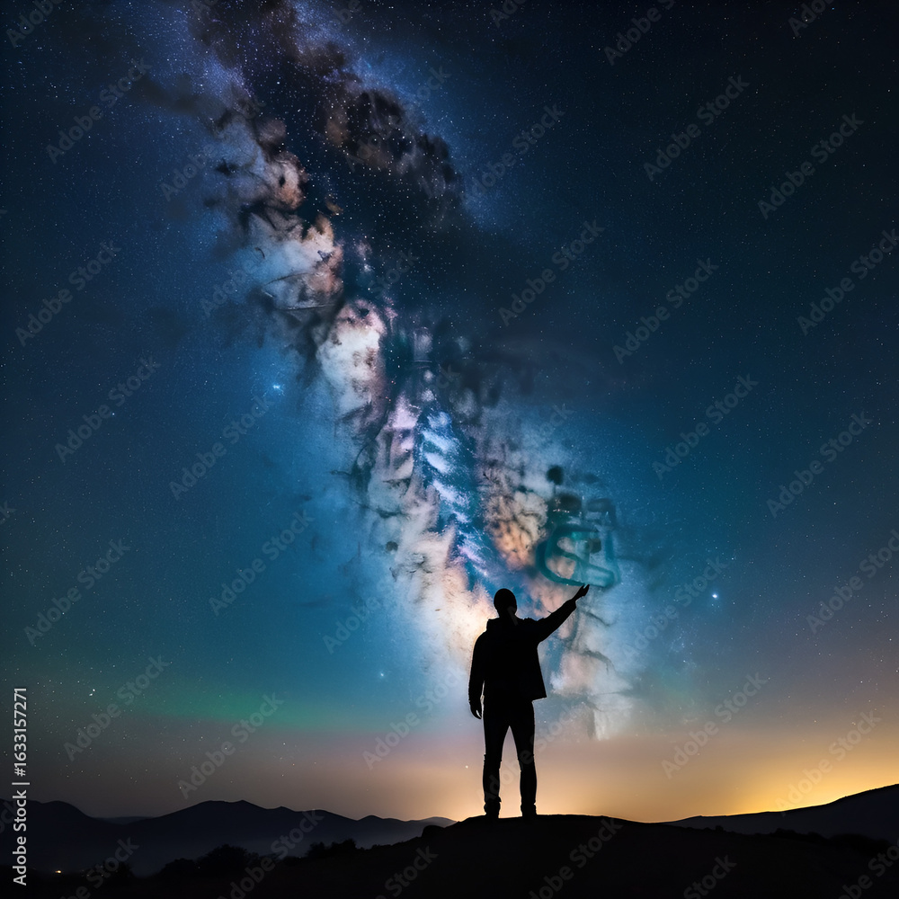 Fototapeta premium Silhouette of a man pointing to the Milky Way Galaxy