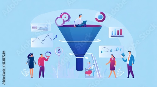 marketing funnel and data analytics used by a team of sales consultant to analyze leads generation, conversion rate, and sales performance of e commerce. multi channel advertising, customer journey.