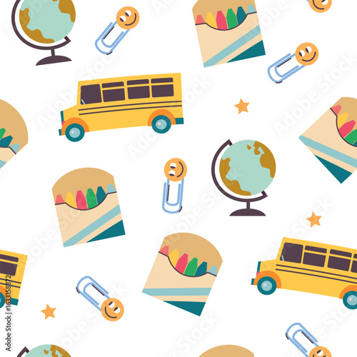 Back to school seamless pattern with school bus, paper clip, crayons and globe background for packaging and decoration
