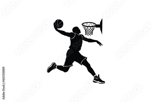 Dynamic basketball player in mid air performing a powerful slam dunk with the ball in hand against a white background captured in a striking silhouette style