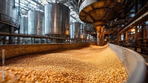 Industrial Grain Processing Facility with Metal Silos and Conveyor Belts Transporting Wheat for Production Efficiency