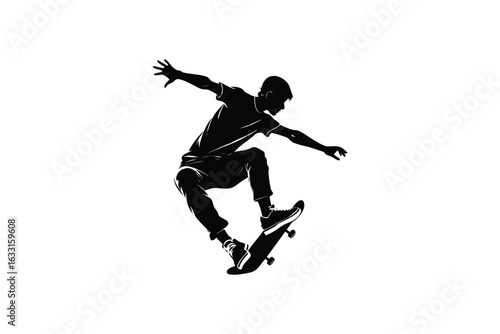 Dynamic silhouette of a skateboarder performing an aerial trick against a clean white background capturing the energy of extreme sports and urban culture silhouette